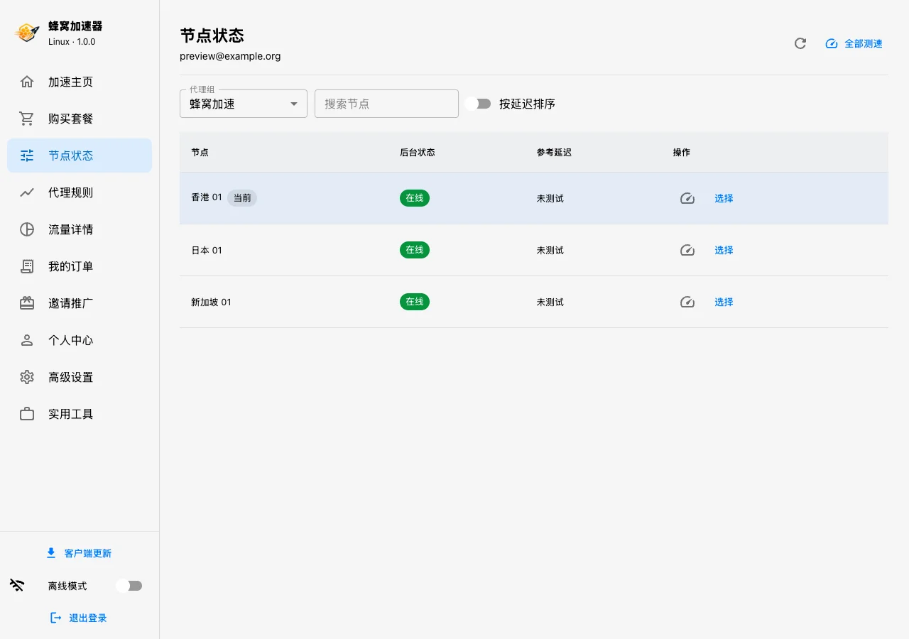蜂窝 Linux 节点状态组件示例,右上角有全部测速,节点行有选择按钮