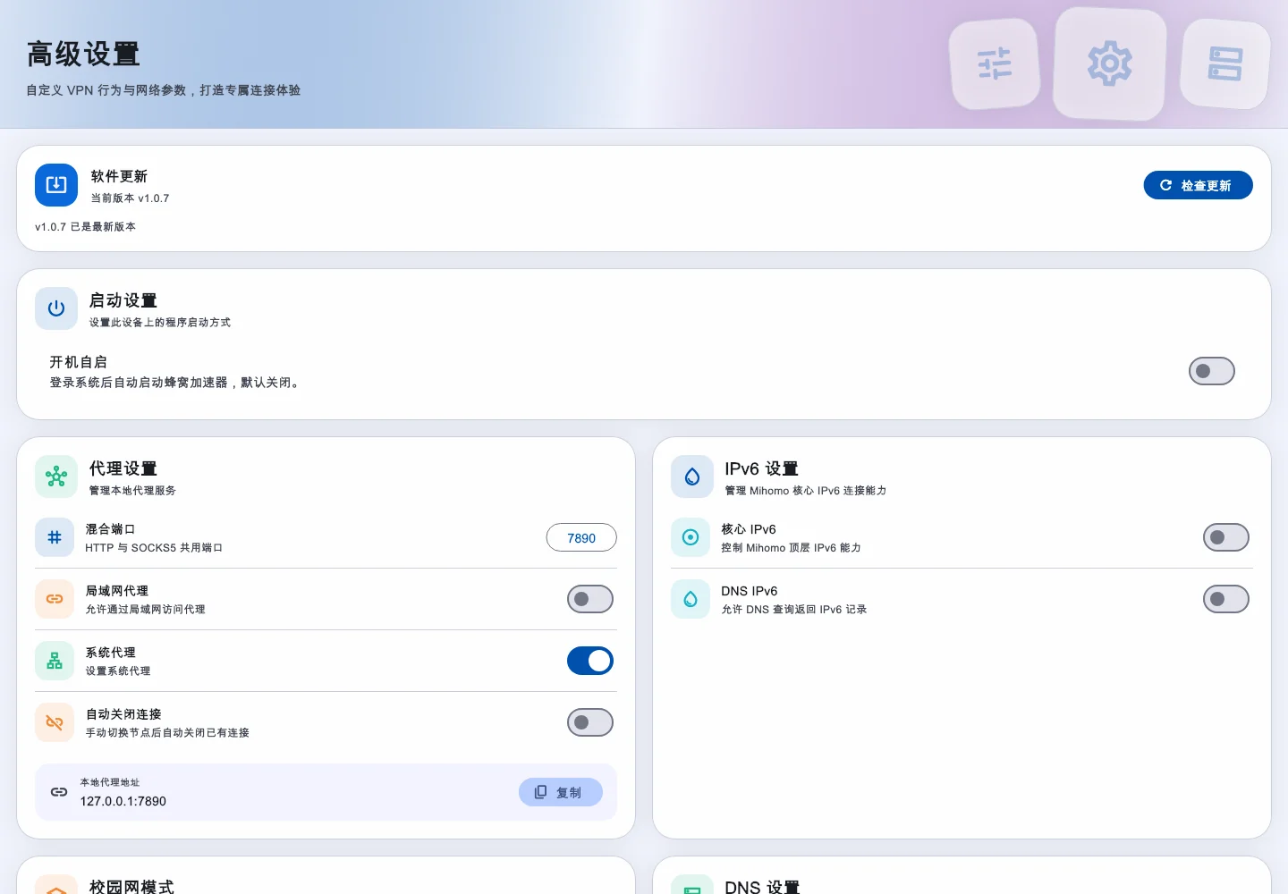 高级设置的更新、开机自启与代理端口